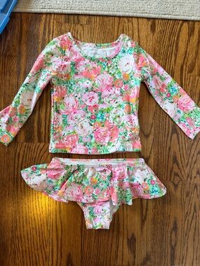SweetHoney Pink & Green Floral Long-Sleeve Rashguard Swim Set